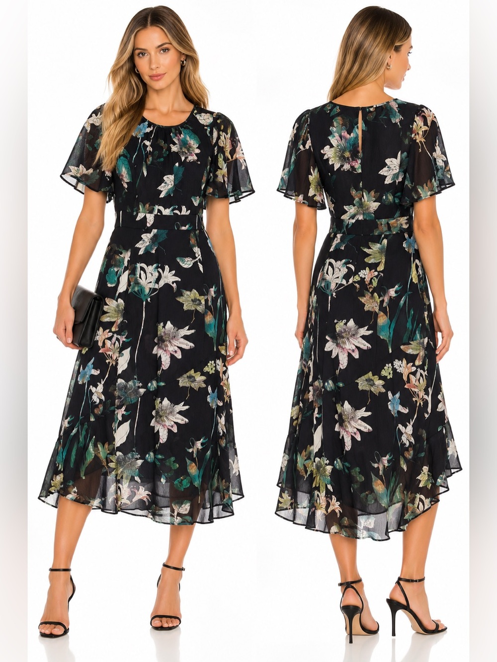 Anthropologie Willow & Clay Black Floral Midi Dress Flutter Sleeve Boho Size S